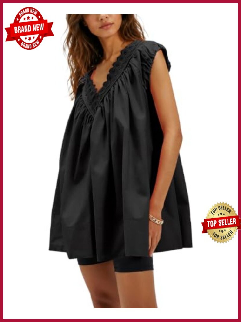 100% Cotton Boho Tunic Top Oversized V Neck Beach Cover Up with Pockets